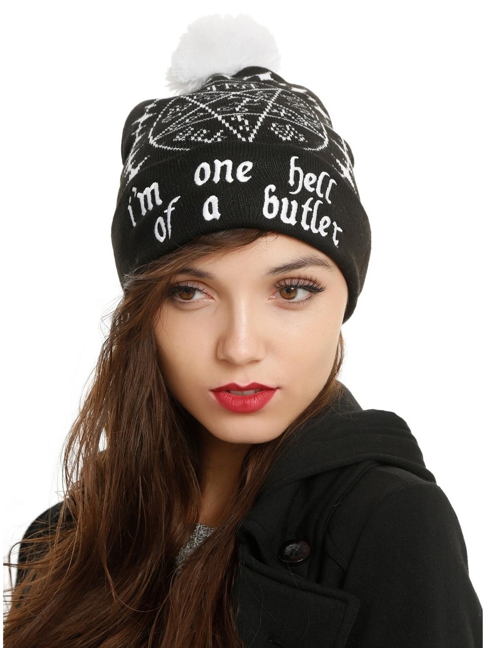 Hot Topic Black Beanie with White Pom and Script
